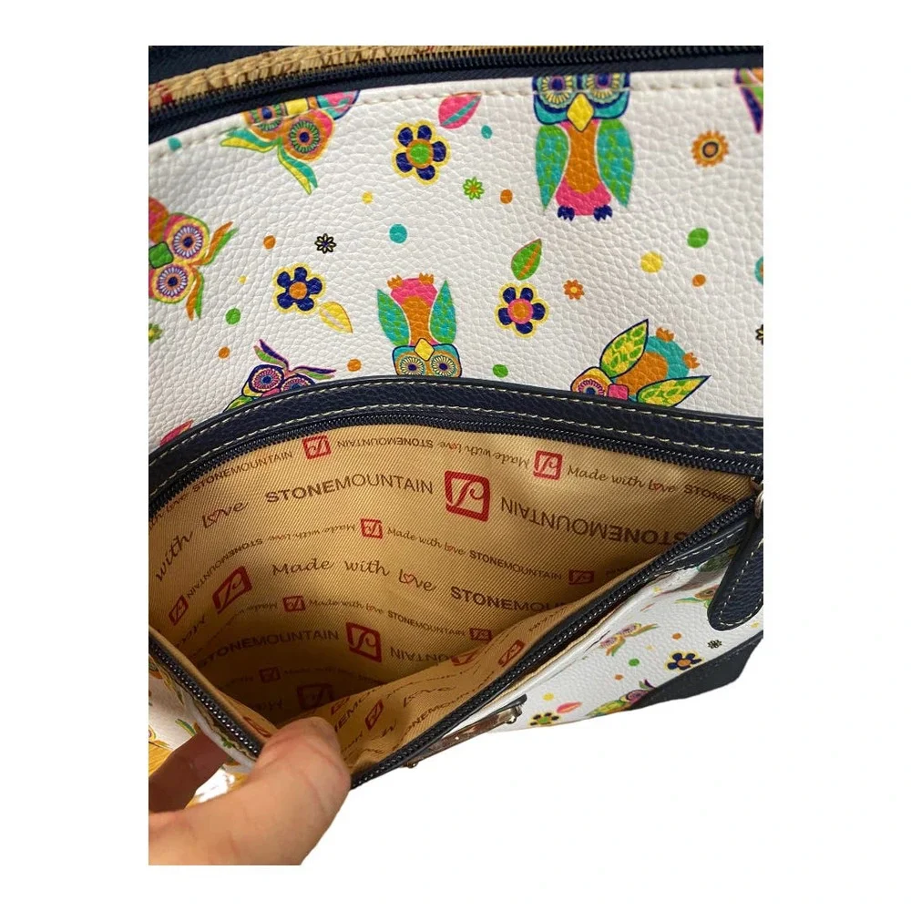 Stone Mountain Owl Print Navy and White Leather Crossbody - Picture 7 of 9